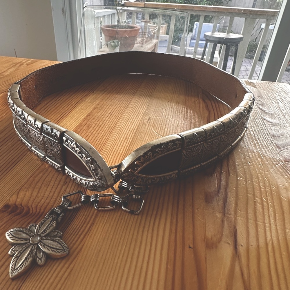 Vintage Brighton Gothic Arch Concho Western Style Silver Floral Belt Accent
